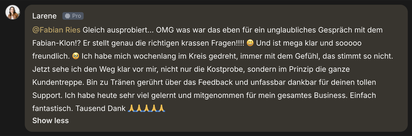 Nachricht von Laurene über die Arbeit mit dem AI-Skript-Coach