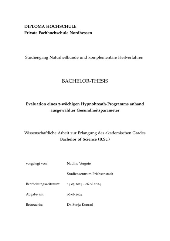 Deckblatt der Bachelor-Thesis an der FH Nordhessen: Evaluation eines 7-wöchigen Hypnobreath-Programms anhand ausgewählter Gesundheitsparameter