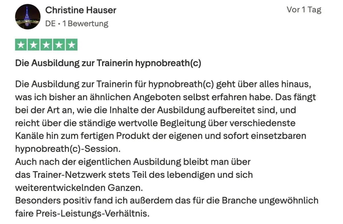 Trustpilot-Bewertung zur Hypnobreath©-Ausbildung